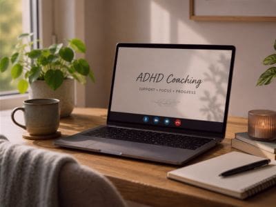 A laptop on desk with ADHD Coaching on the screen, with a notepad and pen next to it, ready for an online session