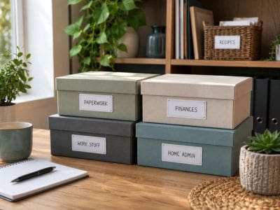 Labelled boxes on a desk as an example of an ADHD strategy