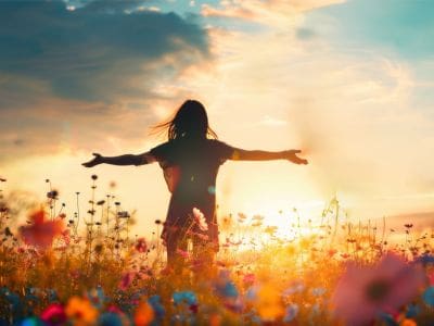 Young girl in a field of flowers with arms outstretched welcoming in the sunlight