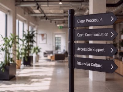 A signpost in an office building with arrows pointing to neuro-inclusive practices
