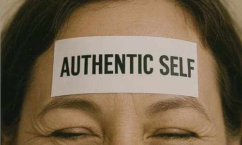 A woman with an Authentic Self label on her forehead