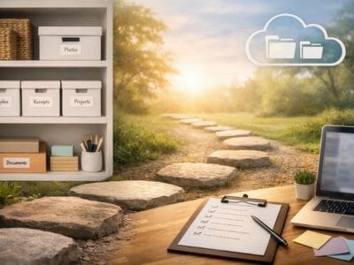 A beautifully organised bookshelf with labelled boxes, and a desk with a list and laptop, and stepping stones into the sun between them