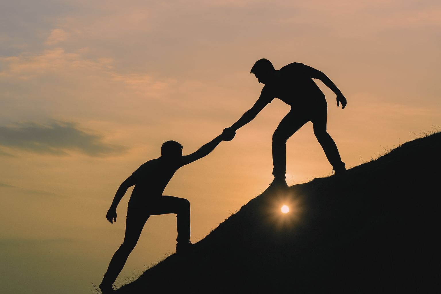 Silhouette of someone reaching out to another person to help them up a steep hill