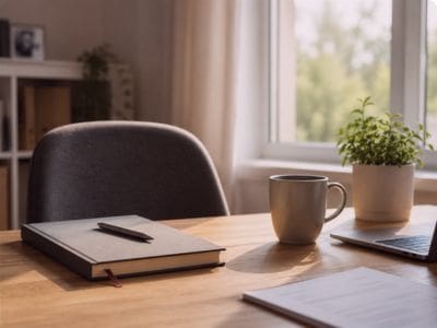 An empty chair behind a deskm with an abandoned coffee cup, representing the consequences of burnout