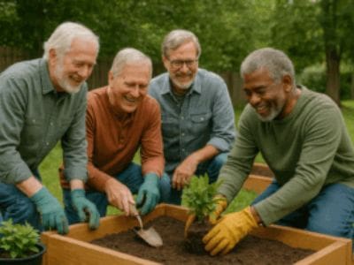An older group of gentleman gathered around a raised gardening bed, gardening together in the sun symobolising rediscovering yourself after 50