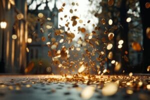 Gold coins falling from the sky onto the street