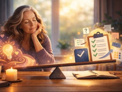 Woman daydreaming with scales in front of her representing intuition on one side and clarity on the other