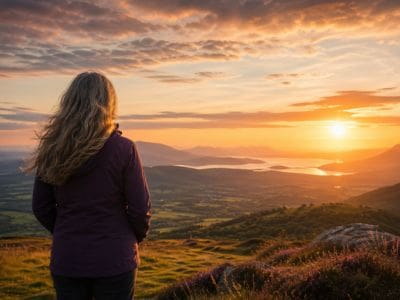 Woman on a hilltop looking at a beautiful sunset, representing the power of the present moment