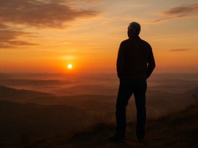 A man in midlife standing on a hill looking across the landscape at the sunrise, representing the possibility of significant roles in later life