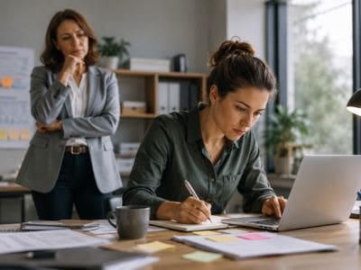 A woman working on a laptop and her manager behind her, wondering how to support her