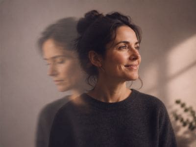 A smiling woman with a reflection behind showing her looking sad, representing masking