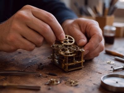 A person's hands carrying out an intricate task involving cogs and mechanisms, representing neurodivergent strengths