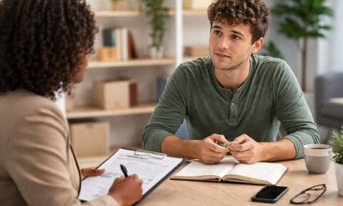 Manager in review meeting with middle-aged woman representing performance reviews with employees who have ADHD
