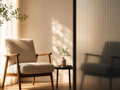 A chair on one side with sunlight shining down on it through a window, and on the opposite side another chair behind a blurry glass screen