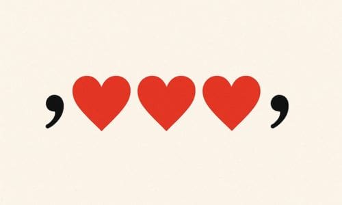 Three red hearts with a comma either side, representing the importance of two commas in a non-essential clause