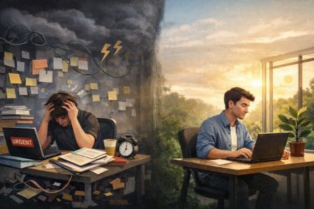Contrasting images of a man working in chaos on one side and calm on the other, representing the impact of ADHD and reasonable adjustments