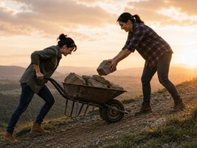 A person pushing a wheelbarrow full of rocks uphill, and another person adding another rock, representing the wrong support