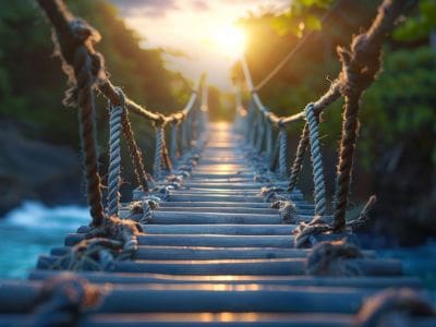 A wooden bridge with rope handles with a setting sun in the distance. This image is used to visually represent when you reconnect with your authentic self