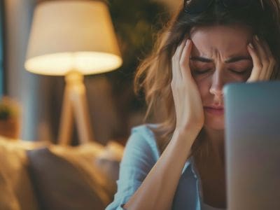 Stressed woman at computer with her hands at the side of her head trying to motivate herself
