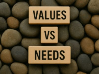 Values Vs Needs written on a bed of stones, referring to the dilemma of balancing values and needs in everyday life