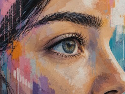 Colourful girl focus on her eye looking to the future representing vision