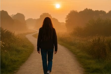 Woman walking along an authentic path towards the sunset representing living your values by walking your talk