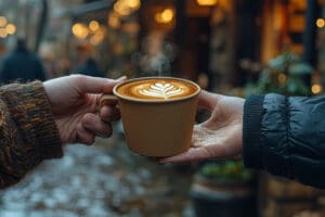 A woodland background in golden hour, one hand is holding the hand of a cup of coffee with another person's hand holding the other side of the coffee representing small acts of kindness.