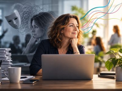 Woman in the workplace smiling at her laptop with her shadow self behind in monotone with mask